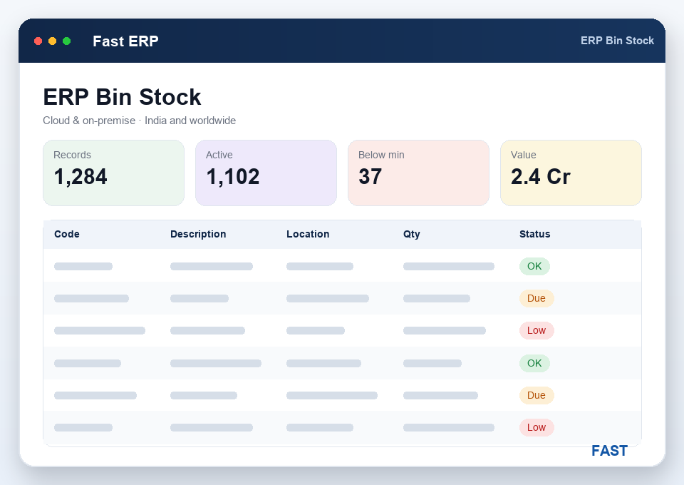 Per-bin stock and lot tracking view showing pallet locations across a rack with live per-bin balances
