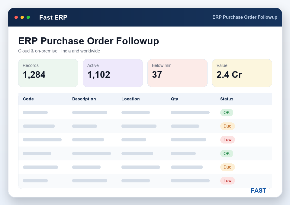 Purchase order follow-up screen showing approved PO lines with ordered, received and pending quantities by supplier